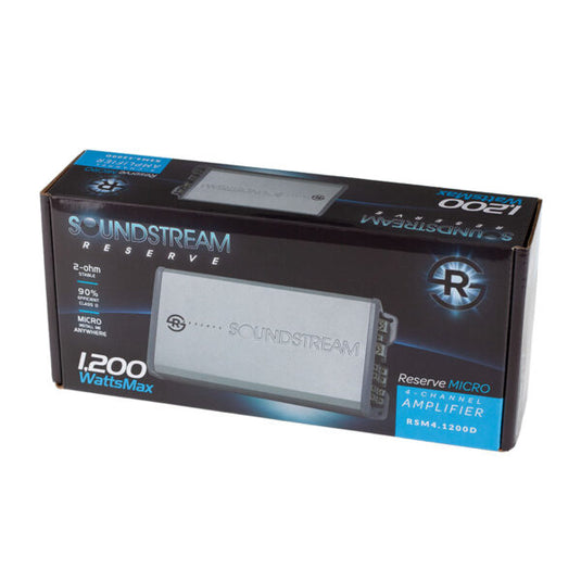 Soundstream RSM4-1200D 1200W Compact 4-Channel Class D Car Amplifier – High-Efficiency, Hi-Level Signal Sensing, Easy Install
