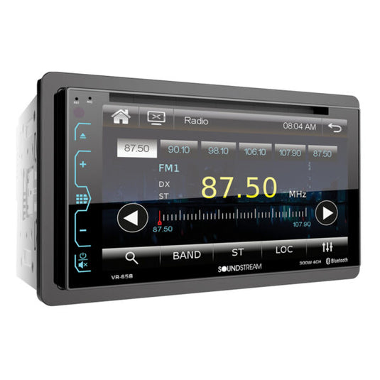 Soundstream VR-65B | 6.2” Double DIN DVD/CD/Bluetooth Car Receiver with RGB Illumination, Capacitive Touch, and 300W 4-Channel Amplifier