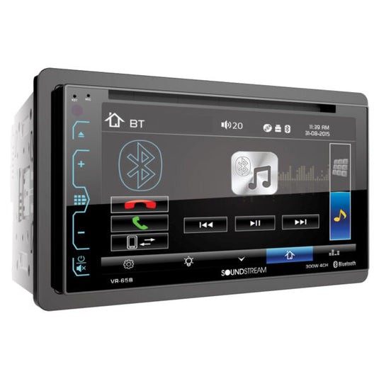 Soundstream VR-65B | 6.2” Double DIN DVD/CD/Bluetooth Car Receiver with RGB Illumination, Capacitive Touch, and 300W 4-Channel Amplifier