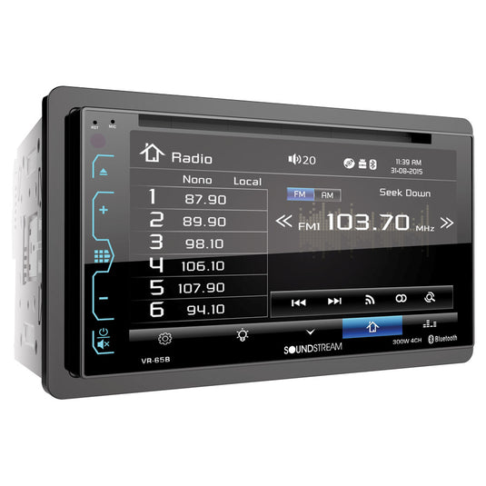 Soundstream VR-65B | 6.2” Double DIN DVD/CD/Bluetooth Car Receiver with RGB Illumination, Capacitive Touch, and 300W 4-Channel Amplifier