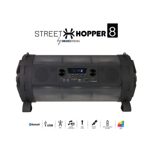 Soundstream Street Hopper 8 – Portable Bluetooth Boombox with Subwoofer, FM Radio, and Smartphone App Control